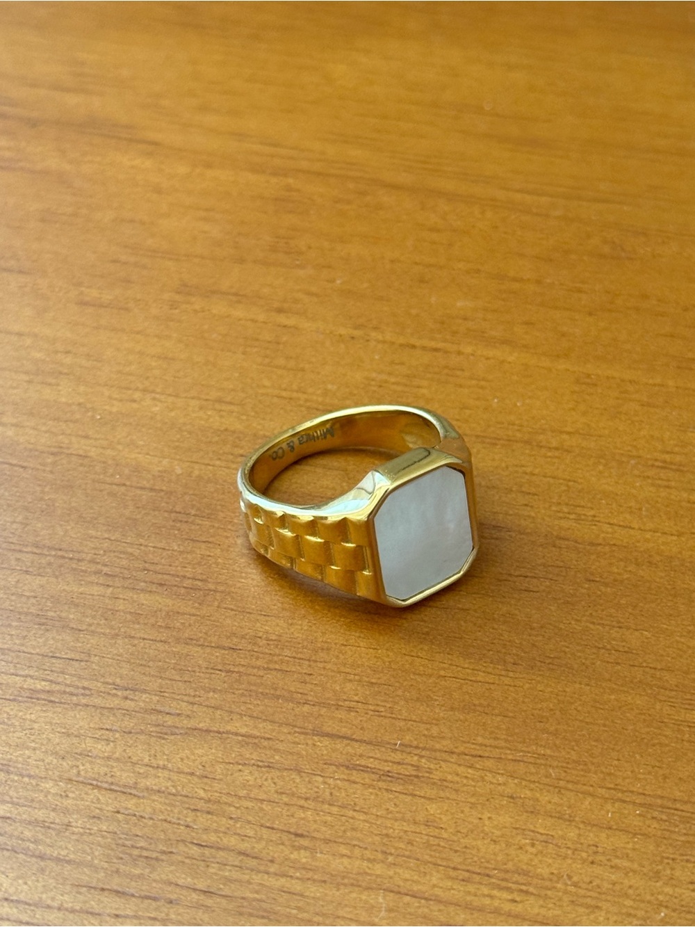 Gold-Tone Women's Signet Ring with White Inlay